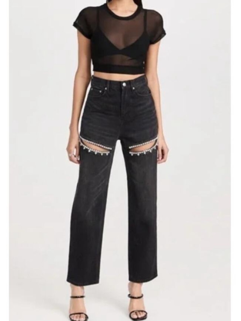 Torn by Ronny Kobo Black Straight-Leg Jeans with Rhinestone Cutouts NWT
